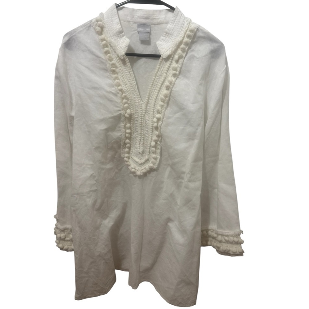 Chico’s Linen Prince Embellished Kurta Tunic Top White Pom Pom Trim Size 16/18 - Picture 2 of 5